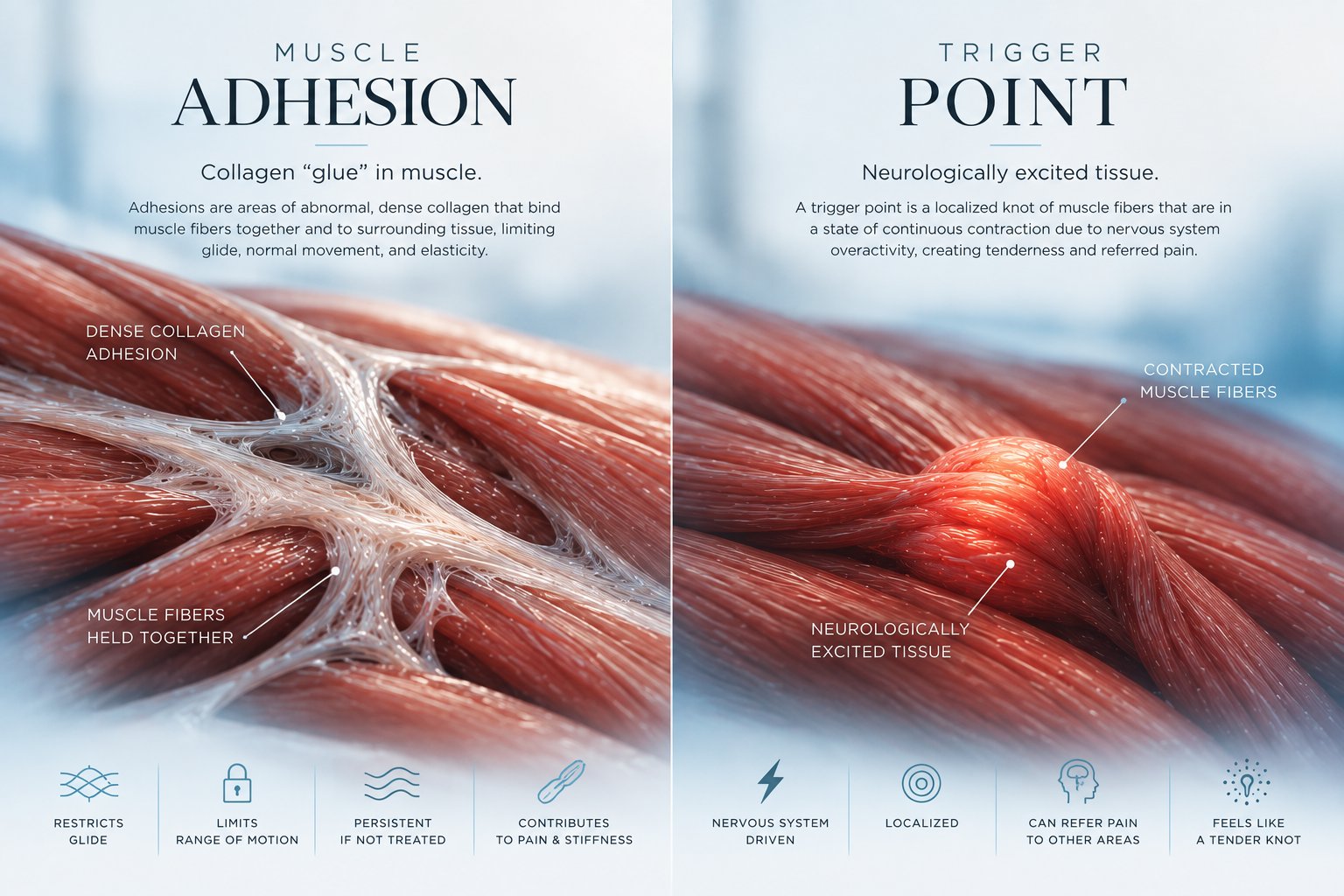 Side-by-side infographic comparing muscle adhesion, shown as dense collagen restricting muscle fiber glide, with a trigger point, shown as a neurologically excited knot of contracted muscle fibers