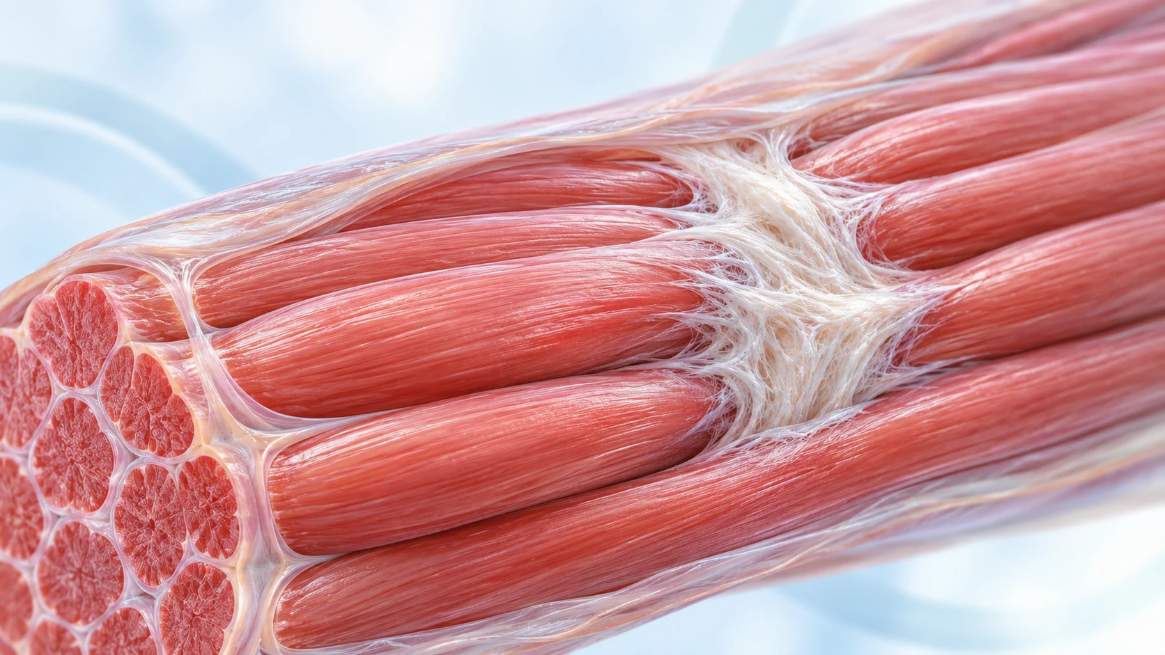 Illustration of fibrous adhesion binding neighboring skeletal muscle fibers.